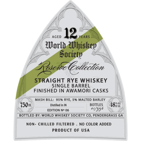 World Whiskey Society Reserve Collection 12 Year Rye Finished in Awamori Casks