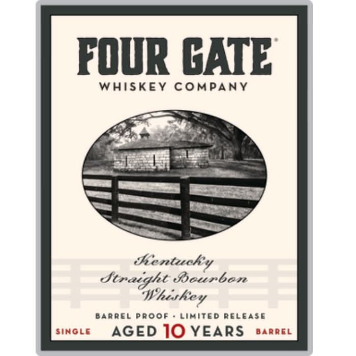 Four Gate Foundation 10-Year Single Barrel Bourbon bottle, cask-strength and non-chill filtered, offering deep, complex flavors from a decade of aging