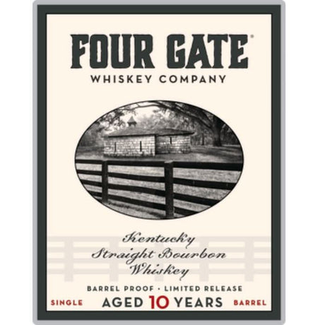 Four Gate Foundation 10-Year Single Barrel Bourbon bottle, cask-strength and non-chill filtered, offering deep, complex flavors from a decade of aging