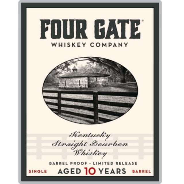 Four Gate Foundation 10-Year Single Barrel Bourbon bottle, cask-strength and non-chill filtered, offering deep, complex flavors from a decade of aging