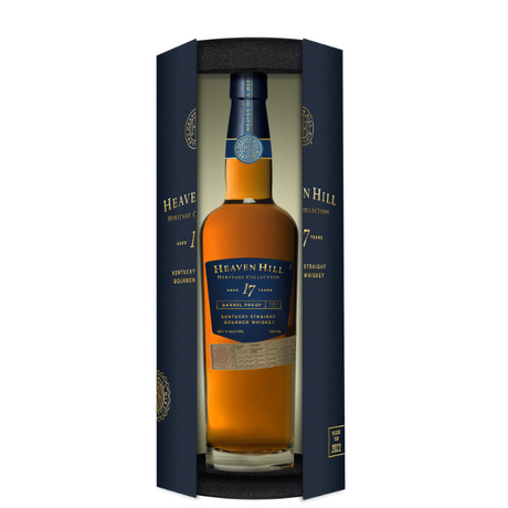A bottle of Heaven Hill Heritage Collection 17 Year Old Barrel Proof Bourbon, featuring its rich amber color, elegant labeling, and premium packaging.