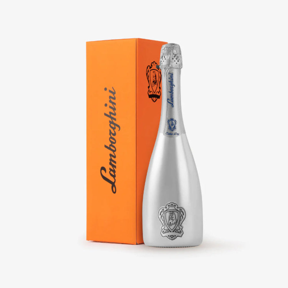 Silver Lamborghini branded bottle with an orange box on a white background