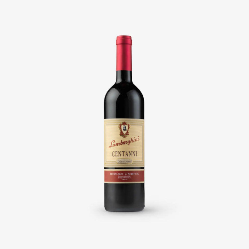 Red wine bottle with a visible label on a white background
