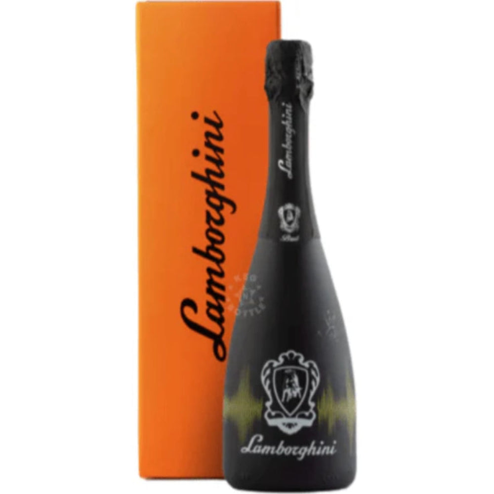 Black Lamborghini branded bottle with an orange box on a white background