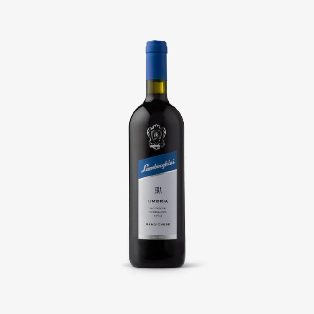Wine bottle with blue label on a white background