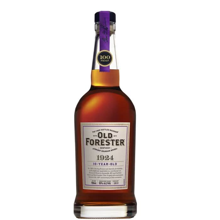 Bottle of Old Forester 1924 10-Year-Old Kentucky Straight Bourbon Whisky, with a vintage-style label and a deep amber hue, placed against a classic backdrop.