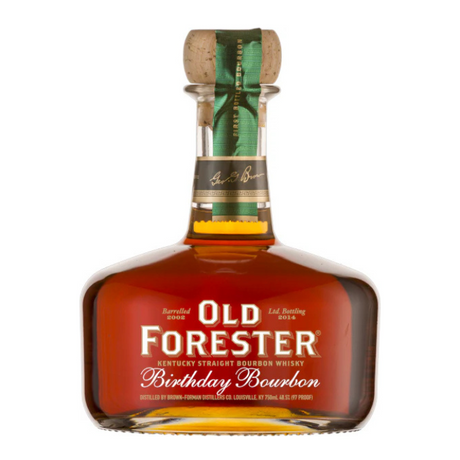 bottle of Old Forester Birthday Bourbon – 2014 Release, featuring its signature round decanter-style design, deep amber bourbon, and a commemorative label celebrating George Garvin Brown’s legacy.