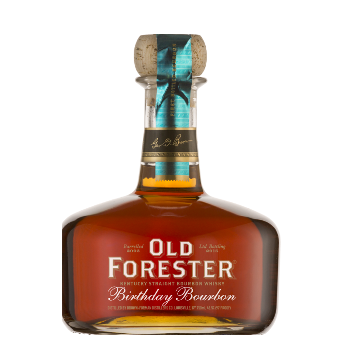 A bottle of Old Forester Birthday Bourbon – 2015 Release, featuring its signature round decanter-style design, rich amber bourbon, and a commemorative label honoring George Garvin Brown’s legacy.