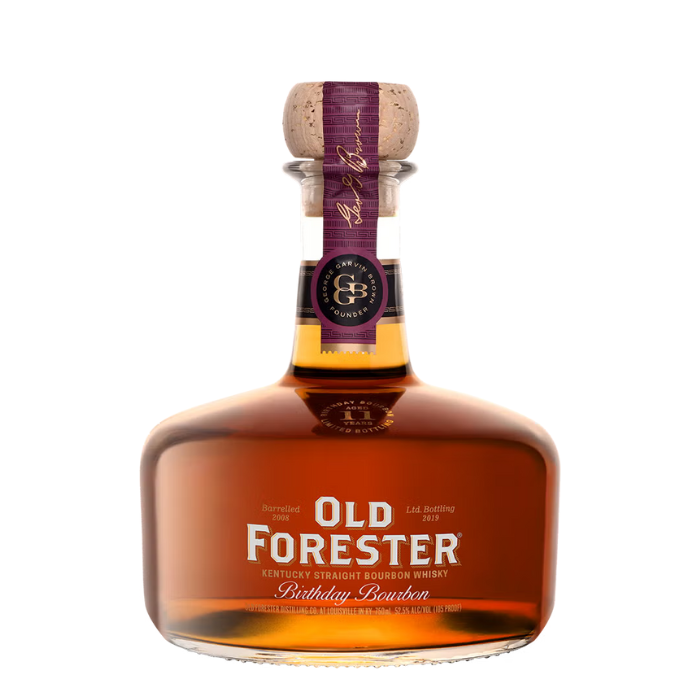 A bottle of Old Forester Birthday Bourbon – 2019 Release, showcasing its signature round decanter-style design, deep amber bourbon, and a commemorative label celebrating George Garvin Brown’s legacy.