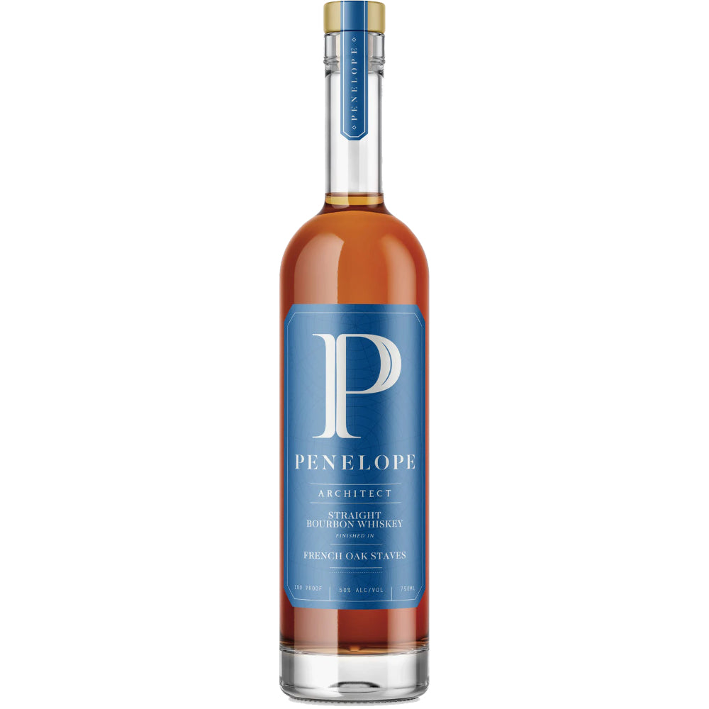 Bottle of Penelope Architect Straight Bourbon Whiskey on a white background