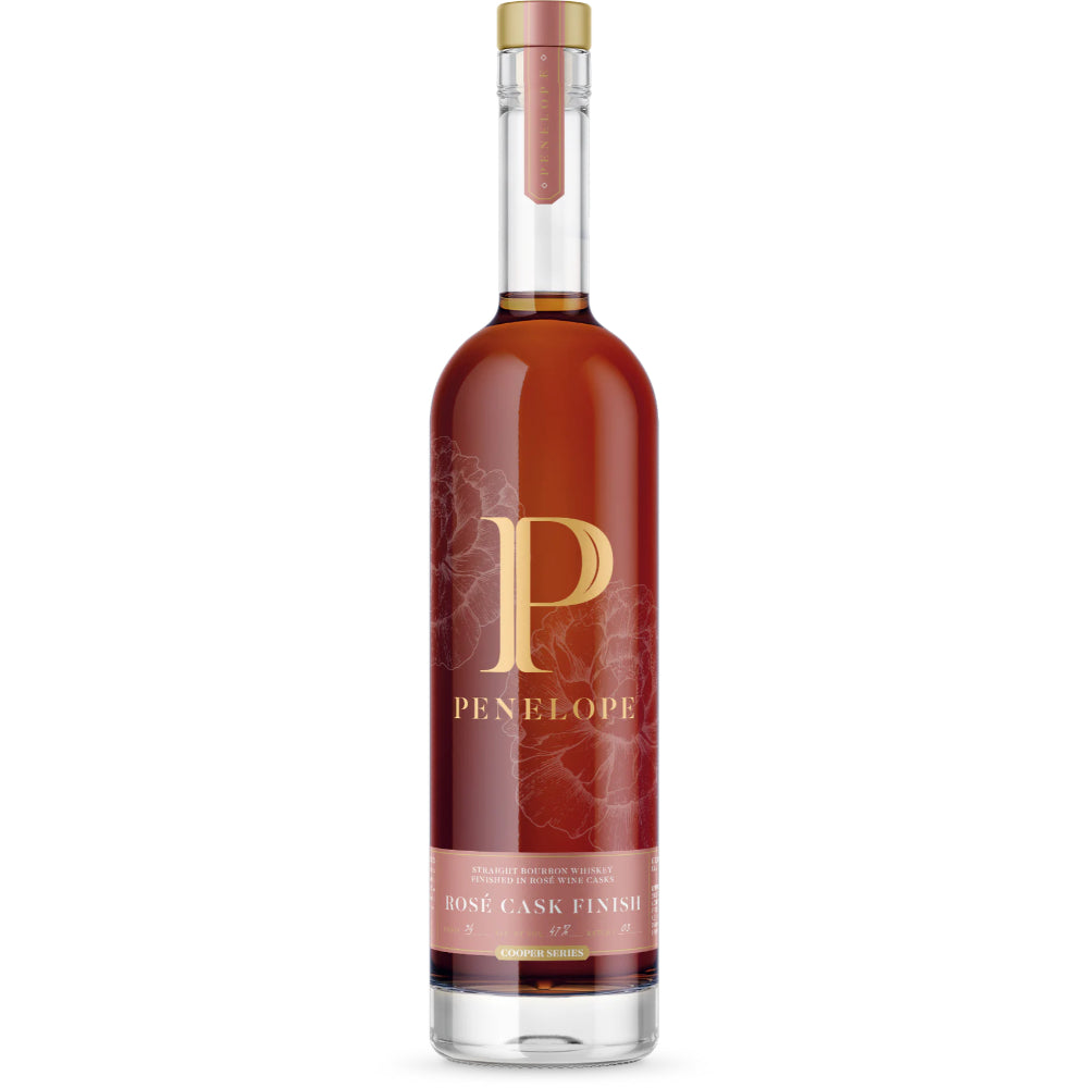 Bottle of Penelope whiskey with a red label on a white background