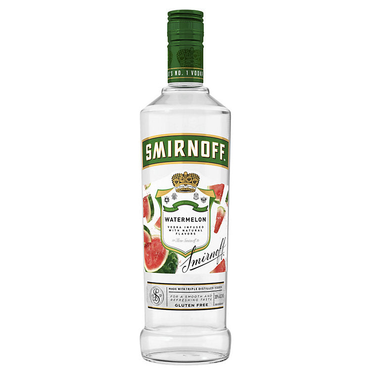 Smirnoff watermelon-flavored vodka bottle on a white background
