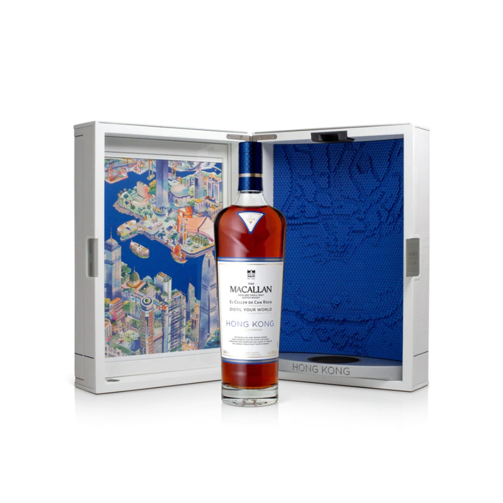 Macallan whiskey bottle in a Hong Kong-themed box on a white background
