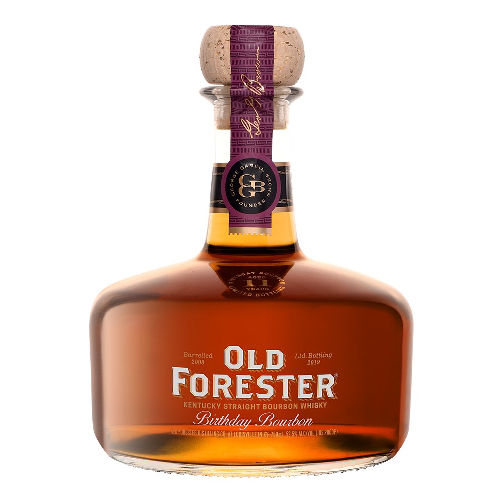 A bottle of Old Forester Birthday Bourbon – 2019 Release, showcasing its signature round decanter-style design, deep amber bourbon, and a commemorative label celebrating George Garvin Brown’s legacy.