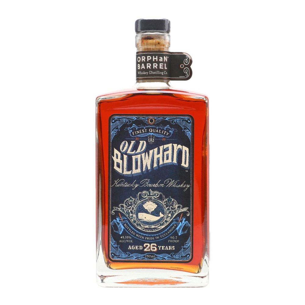 A bottle of Orphan Barrel Old Blowhard 26 Year Old Kentucky Bourbon, featuring its elegant vintage-style label, deep amber whiskey inside, and a refined collector’s presentation.