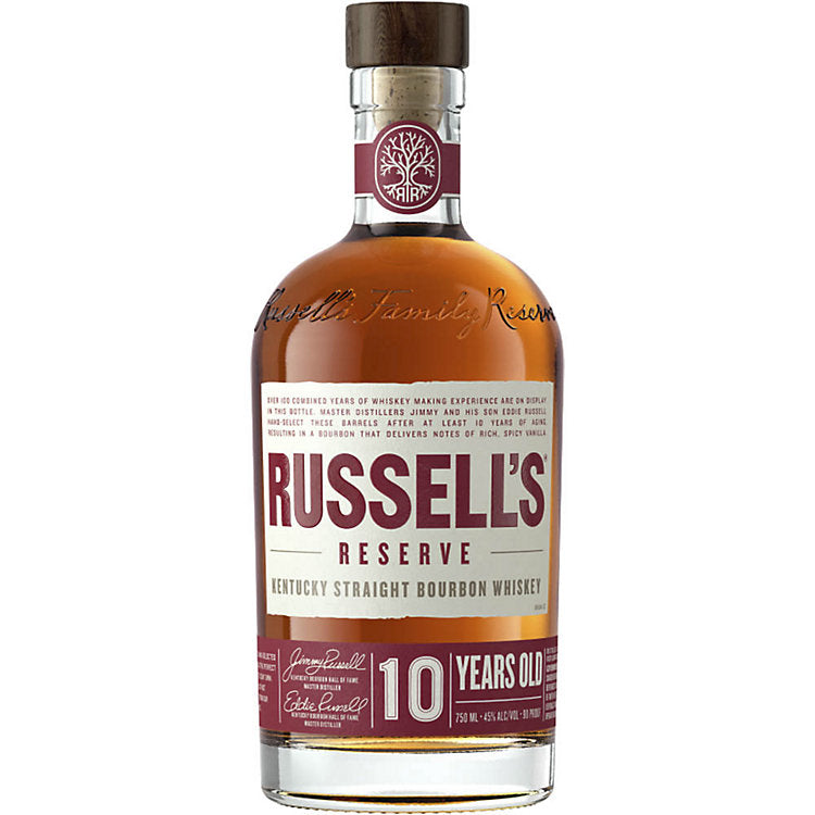 Bottle of Russell's Reserve 10 Years Old bourbon whiskey on a white background