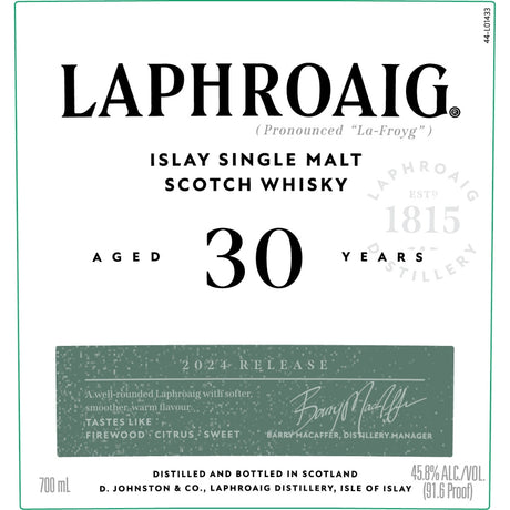 Laphroaig 30 Year Old 2024 Release Whiskey