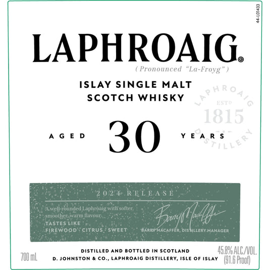 Laphroaig 30 Year Old 2024 Release Whiskey