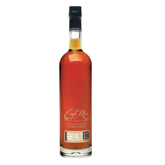 A bottle of Eagle Rare 17 Year Old Kentucky Straight Bourbon Whiskey from the Buffalo Trace Antique Collection, featuring an elegant label and rich amber liquid, symbolizing its 17 years of meticulous aging and premium craftsmanship