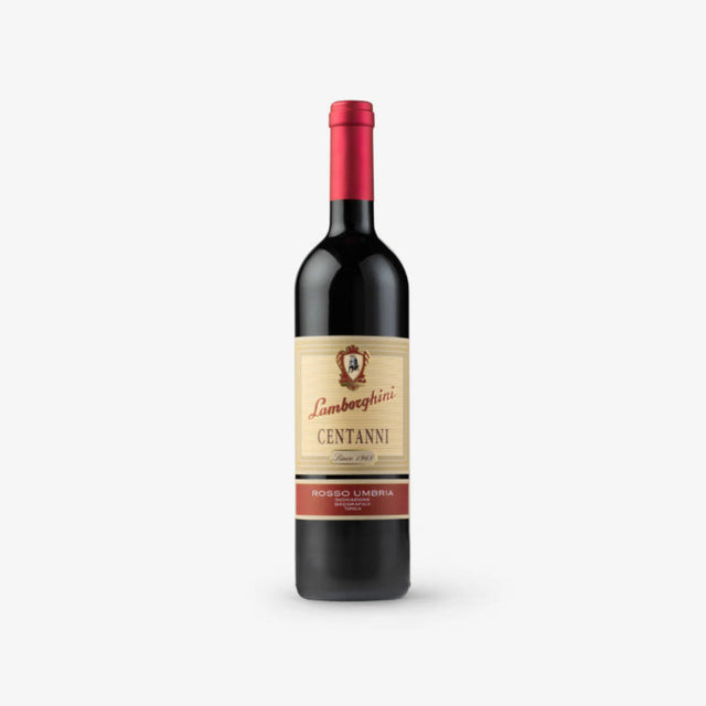 Red wine bottle with a visible label on a white background