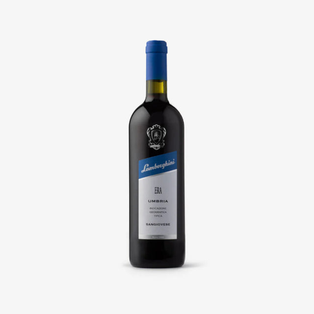 Wine bottle with blue label on a white background