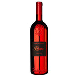 Red wine bottle with a black label on a white background