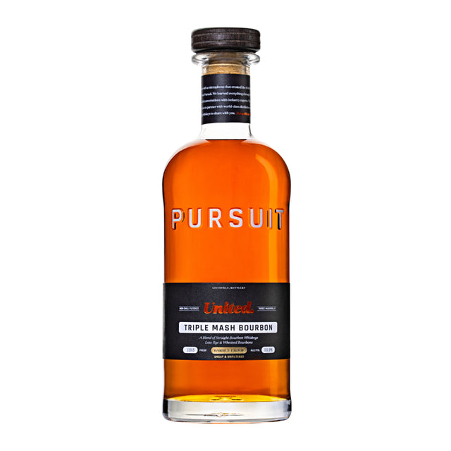Bottle of Pursuit Triple Mash Bourbon on a white background