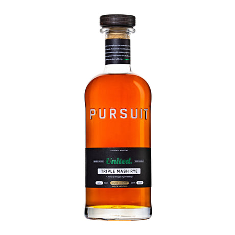 Bottle of Pursuit Triple Mash Rye whiskey on a white background