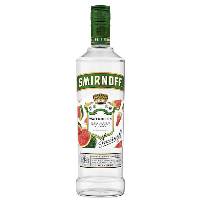 Smirnoff watermelon-flavored vodka bottle on a white background
