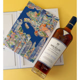 Bottle of The Macallan whiskey with a map of Hong Kong on a yellow background