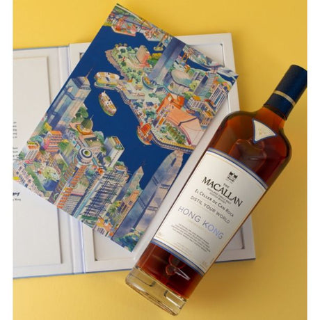 Bottle of The Macallan whiskey with a map of Hong Kong on a yellow background