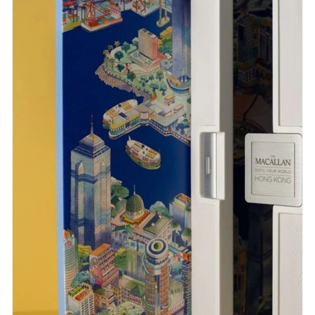 Fridge with a colorful cityscape design on one door and 'The Macallan' branding on the other.