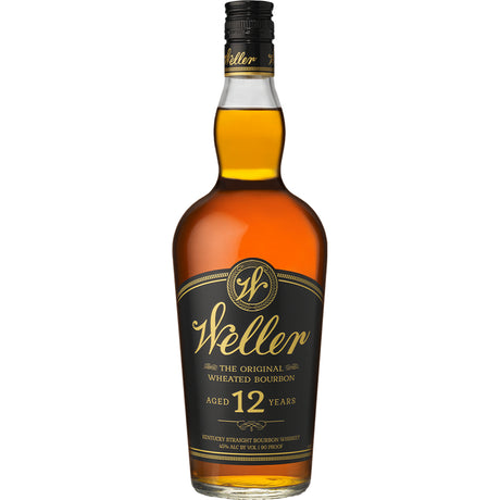Bottle of Weller 12-year-old bourbon whiskey on a white background