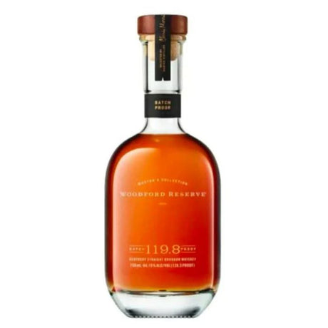 Bottle of Woodford Reserve Master's Collection Batch Proof 119.8 Whiskey, showcasing its rich amber color and unique label design, placed against a dark, elegant backdrop.