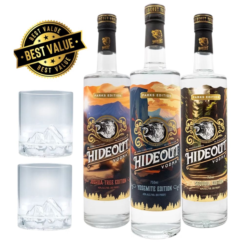 Hideout Vodka Parks Edition 3 Pack With 2 Free Mountain Glasses