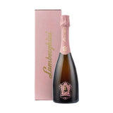 Bottle of Lamborghini sparkling wine with a pink box on a white background