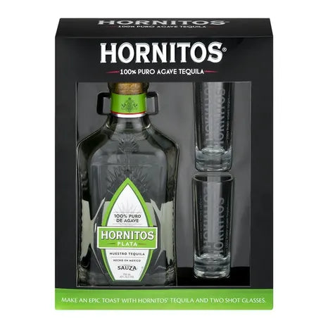 Hornitos Plata Tequila with Two Shot Glasses