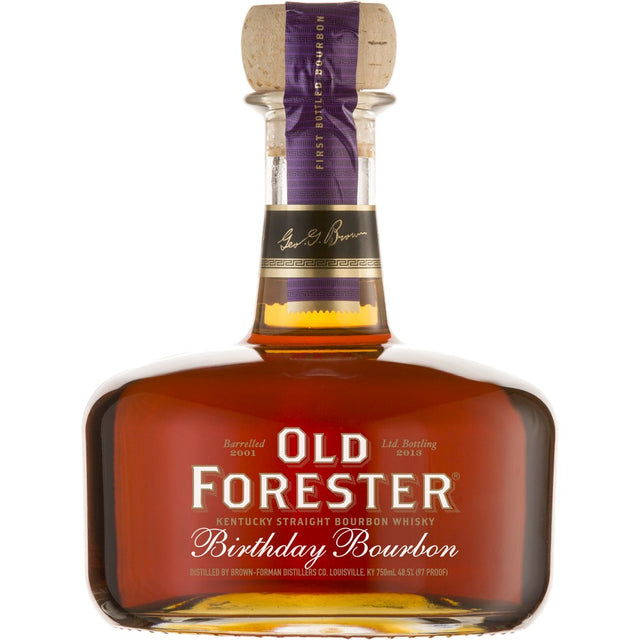 A bottle of Old Forester Birthday Bourbon – 2013 Release, featuring its signature round decanter-style design, rich amber bourbon inside, and a commemorative label celebrating George Garvin Brown's birthday.