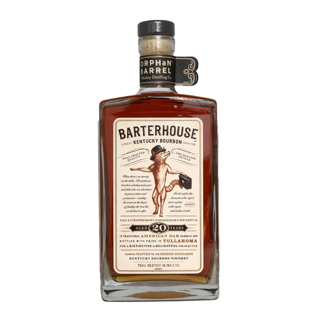 Orphan Barrel Barterhouse 20 Year Old Kentucky Straight Bourbon bottle with a distinguished label, symbolizing the rich aroma and mature flavors of a rare, aged bourbon