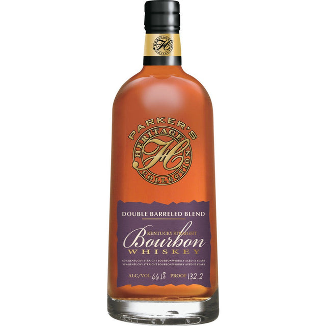 Parker's Heritage 16th Edition Double Barreled Blend Bourbon bottle with elegant label and rich amber color.