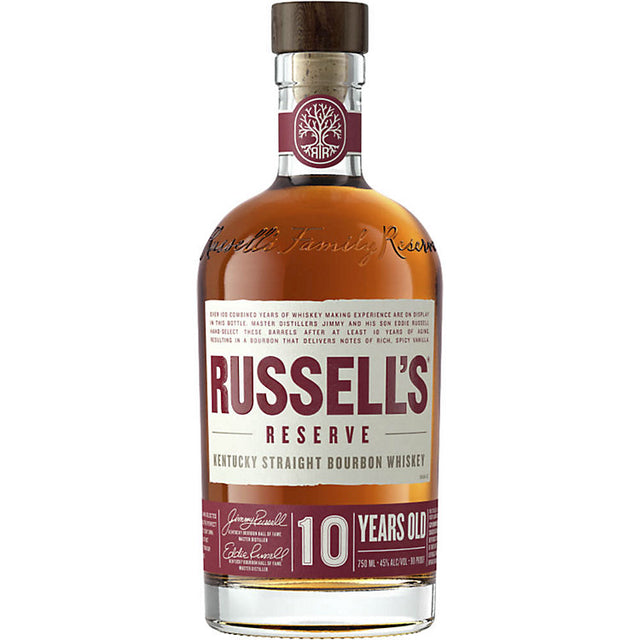 Bottle of Russell's Reserve 10 Years Old bourbon whiskey on a white background