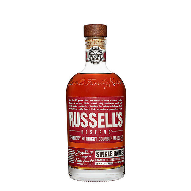 Bottle of Russell's Reserve Kentucky Straight Bourbon Whiskey on a white background