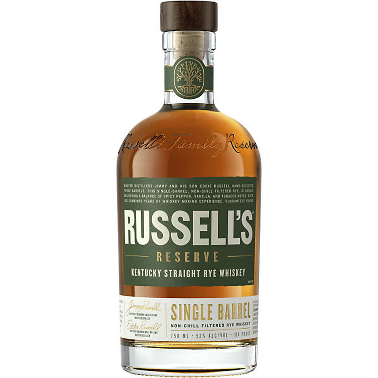 Bottle of Russell's Reserve Kentucky Straight Rye Whiskey on a white background